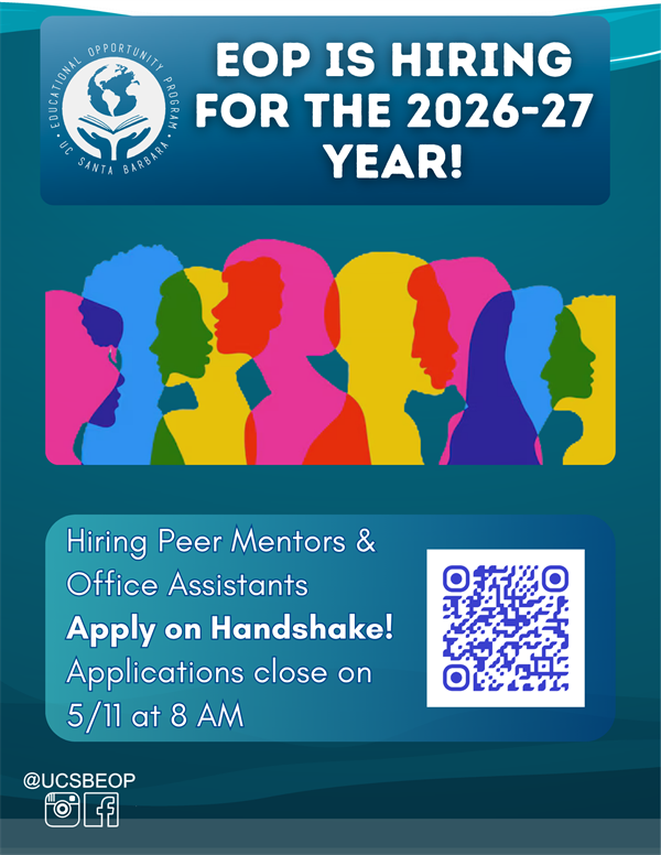 Flyer sharing information about EOP's Hiring process. Image has outlines of diverse profiles and faces.
